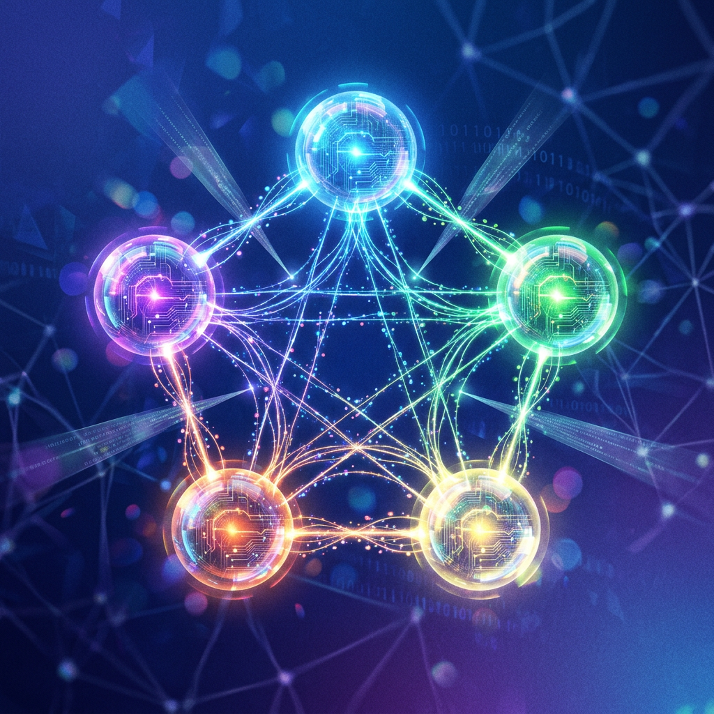 Five glowing spheres interconnected with neon data streams on a dark blue background