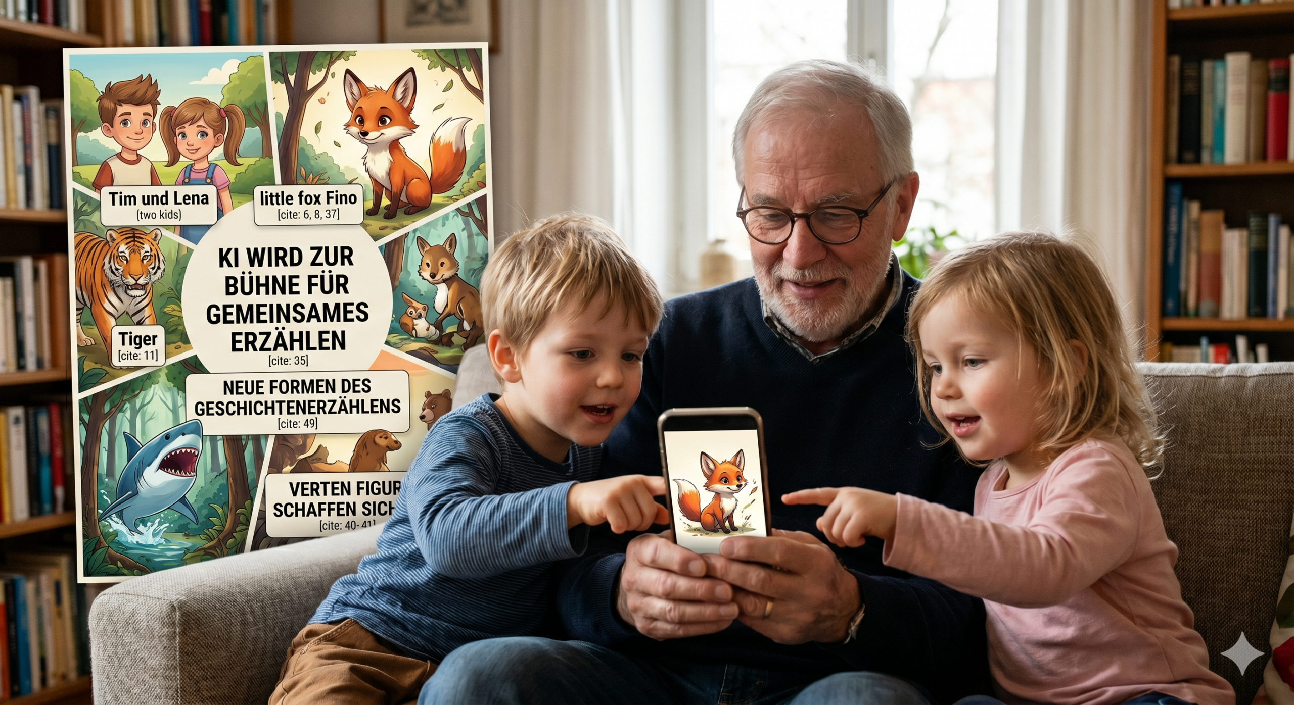 Großvater nutzt KI auf dem Smartphone, um gemeinsam mit seinen Enkelkindern Tim und Lena interaktive Geschichten zu gestalten – Symbol für soziale Ko-Konstruktion.